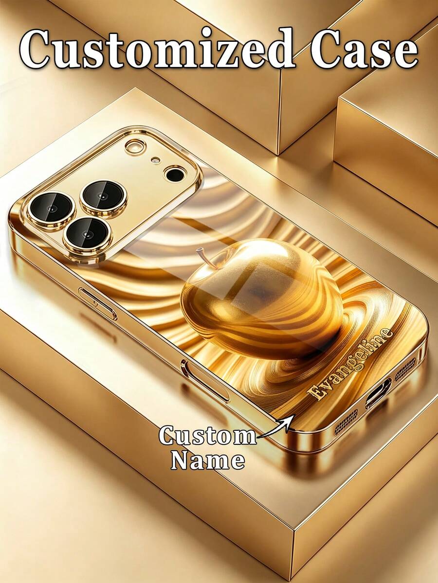 1pc DIY Customized Name Phone Case, Gold Wave Pattern Apple Luxury Style Printed Design, High-Definition Electroplated Gold Glass Phone Case Compatible With IPhone 17/17Pro/17ProMax/17Air/16/16Pro/16ProMax/16Plus/15/15Plus/15Pro/15Promax/14/14Pro/14Promax/13/12/11/XRMax/8/7/6Plus Phone Accessories