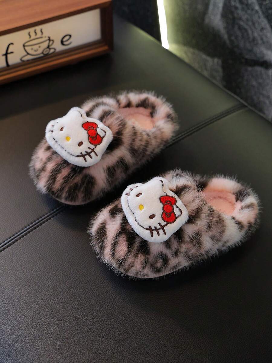 Hello Kitty Girls' Plush Leopard Print Kitty Slippers, New Thick Soft Warm Closed-Toe House Shoes For Autumn/Winter - Grey - View 1