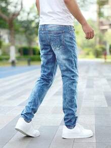 Jeans clásicos azules elásticos para hombres - azul real - Ver 2