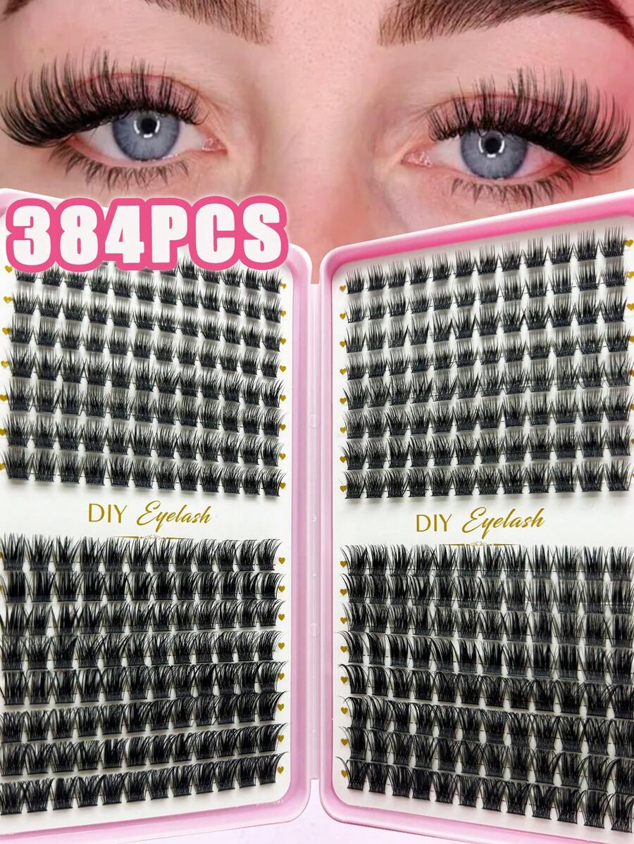 384 Pcs Individual Cluster Lashes, Natural & Wispy DIY Eyelash Extensions Book, Mixed Lengths Reusable False Lash Clusters, Soft Volume Lashes For Beginners - D - View 1