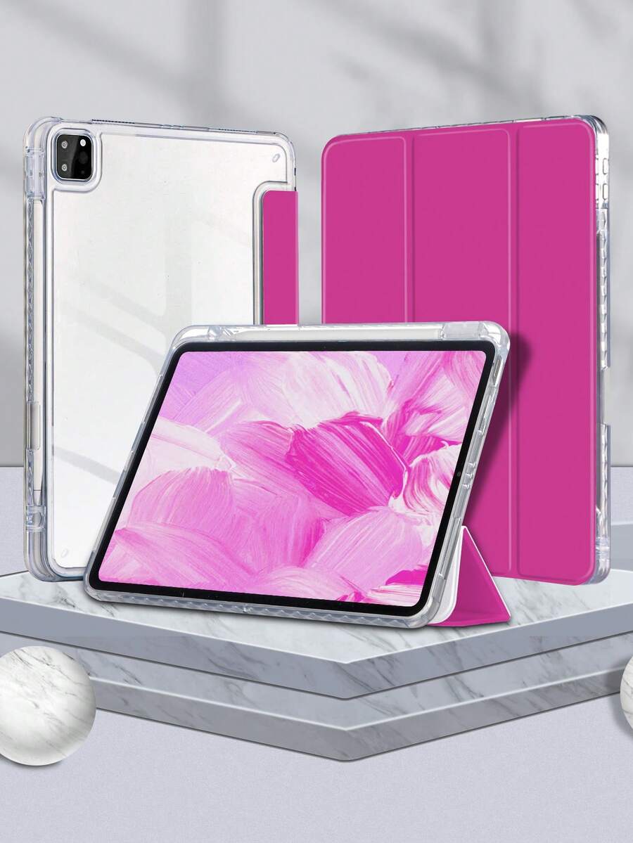 1件裝透明壓克力三折玫瑰紅平板保護殼，相容 iPad Mini6/Mini7/Air/Air2/9.7/10.2/10.5/10.9 (Air4-Air8)/Pro 11/10th Gen/A16/Pro 11 2024 機型，可折疊平板保護套，附透明壓克力背殼、三折支架、睡眠/喚醒功能、內置筆槽，不含筆，部分機型附相機框