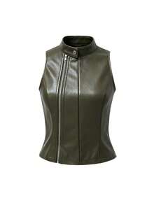 Women's Casual Daily Versatile Solid Color Sleeveless Small Stand Collar Zipper Faux PU Leather Vest, Summer Fall - Army Green - View 5