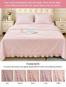 HONEYMOON 3/4pcs Solid Color Ruffled Bedding Set (3pcs=1 Fitted Sheet+1 Flat Sheet+1 Pillowcase, 4pcs=1 Fitted Sheet+1 Flat Sheet+2 Pillowcases) 100% Polyester Fabric Bed Cover, Suitable For 9-12 Inch Deep Pocket, Flat Sheet And Pillowcase With Ruffles, Soft And Breathable, Shrink-Resistant, Machine Washable, All Season Use, Different Sizes Suitable For Home And School Dorm Use, Back To School Essential, Light Pink - Baby Pink - View 9