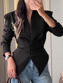 Autumn/Winter Solid Color Ruffle Collar Long Sleeve Slim Fit Waist Blazer, Elegant French Style Black Jacket For Commuting - Black - View 2