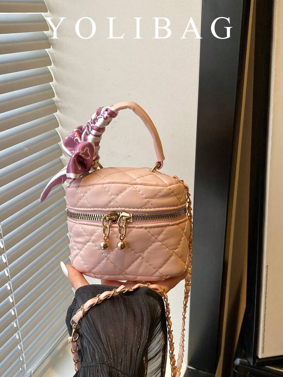 Pink Rhombus Chain Small Square Bag Mini Handheld Makeup Bag Versatile Crossbody Bag Heart Pendant Commuter Handbag