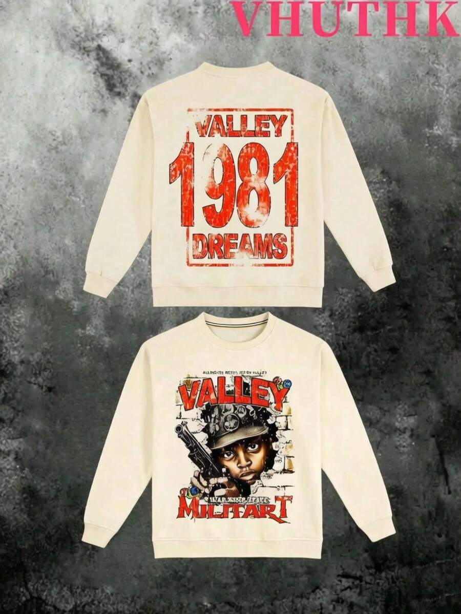 VHUTHK 250g Pure Polyester Crew Neck Pullover, Valley 1981 Dreams: War Zone Peace Military Double-Sided Filament Print, Y2K Men's Autumn Winter Sweater - 杏色 - 查看 1