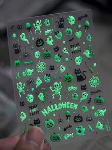 1pc Small Design Fluorescent Halloween Nail Art Stickers, Self-Adhesive Nail Decals With Pumpkin, Ghost, Spider Web, Witch And Stained Glass Pattern Design For Nail Decoration - Multicolor - View 3