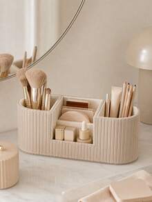Light Luxury Style PU Leather Makeup Organizer Box, 3 Compartments, Desktop Vanity Makeup Brush & Lipstick Holder,Bedroom Room Decor,Back To School - View 5