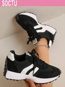 Sepatu Sneakers Platform Nyaman untuk Pelajar, Kasual, Nyaman, Bertali, Ujung Bulat, untuk Wanita - Hitam - View 3