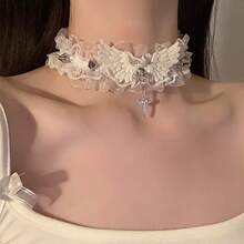 1pc Lace Trim Angel Wings Cross Studded Choker Necklace Collar Chain - White - View 7