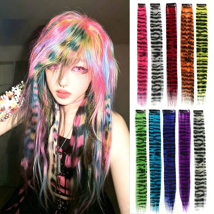 18 Inch 45 Cm Feather Hair Extensions Invisible Hair Extensions Wig Highlights Hair Clip Hair Extensions Even Black Striped Texture Gothic Style Multi-Color Festive Color Suitable For Beginners Easy To Wear And Beautiful Women'S - Multicolor - View 1