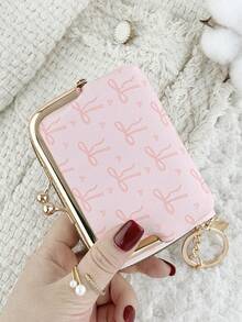 With A Chain Keychain, Fashionable Bow Print Zipper Credit Card Storage Bag With Multiple Compartments, Suitable For Travel - Pink - View 7