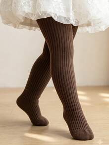 1 Pair Fine Vertical Striped Children's Tights, Versatile Minimalist Girls' Tights, Spring/Autumn Solid Color Double-Needle Girls' Tights - Coffee Brown - View 3