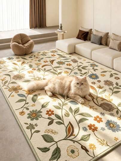 1pc Minimalist Floral Branch Leaf Art Rug, Warm & Cute Style Large Area Carpet, Floor Mat, Home Decor, Area Rug, Casual Blanket, Asymmetrical Shaped Rug, Living Room Large Rug, Washable Carpet