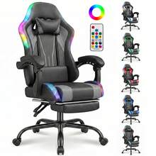 DEVOKO RGB LED Gaming Chair, Ergonomic Office Chair With Footrest, Remote Control, Height-Adjustable PC Gaming Chair, PU Leather, 150kg Load Capacity - Grey - View 8