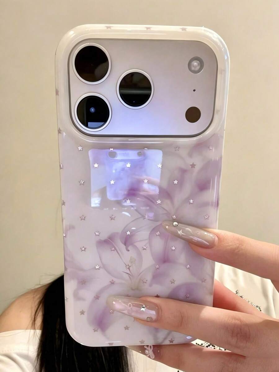 Aesthetic Cute Floral Pattern Laser Glitter Phone Case Compatible With IPhone 17ProMax 17Pro 17 16ProMax 16Pro 16 15 14 13 Pro Max, Fashion Star Soft Back Cover, Gift - Mauve Purple - View 1