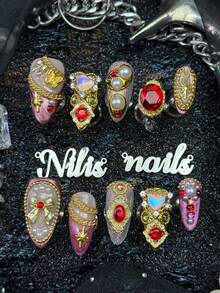 10pcs Handmade Fully Covered Almond Nails Press On Nails, Purple&Gold Colors, Silver Cat Eyes, Fine Glitter,Removable For Party,Dance,Daily Wear, Cosplay,With Jelly Glue And Nail File,Elegant Noble Vintage Gem Nail For Retro Luxury Style Women - Multicolor - View 2