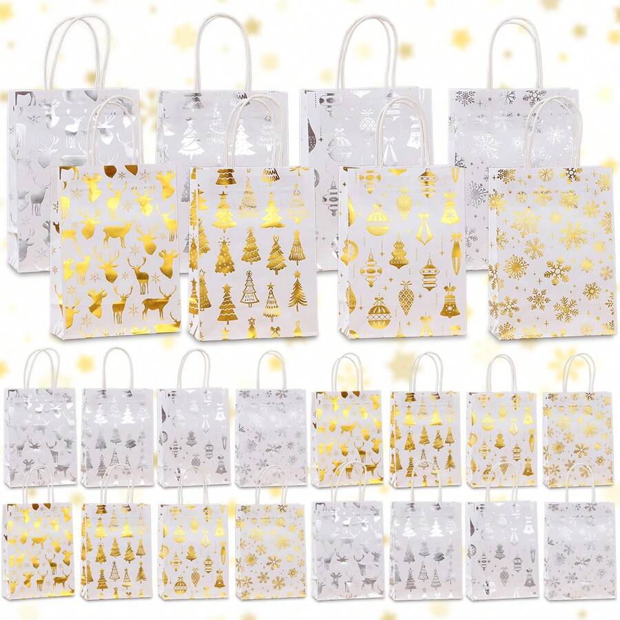 24PCS Christmas Gold & Silver Foil Kraft Paper Bags, Christmas Tree ...