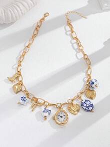 1 pieza Colgante de porcelana azul y blanca, reloj falso, dije con forma de corazón, dije con lazo de bota vaquera de múltiples capas, collar hecho a mano de color y estilo aleatorios - Multicolor - Ver 2
