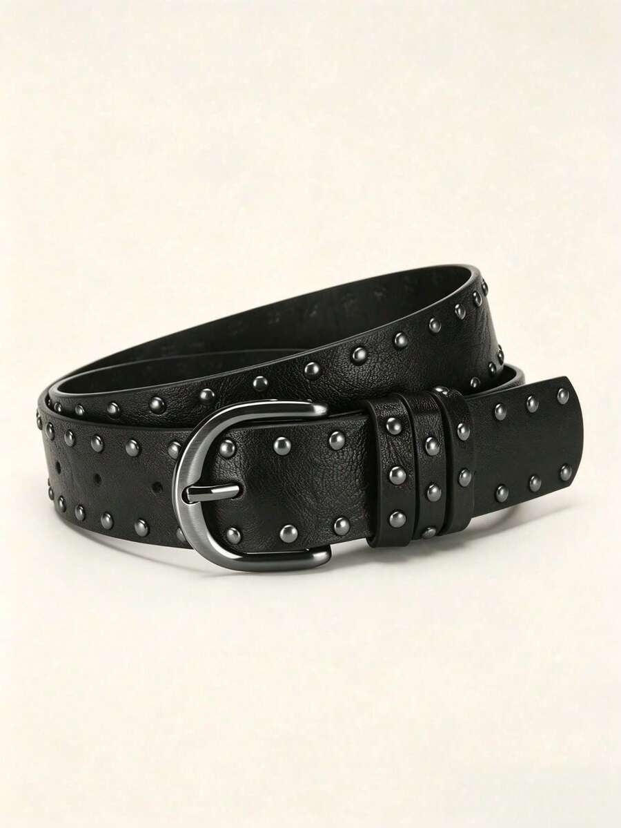 1pc Studded Decor Pin Buckle Wide Belt, Vintage Punk Waist Belt For Jeans Skirt, Y2K Streetwear Fashion Accessory - A - View 1