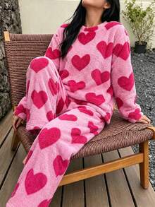 Girls Pink Heart Coral Fleece Pajama Set, Thickened Plush Loose Long Sleeve Home Wear 2 Pieces Set, Autumn/Winter - Hot Pink - View 6