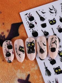 2 Sheets 3D Witchcraft Style Halloween Nail Stickers, Self-Adhesive Cat Witch Broom Hat Small Bat And Star Nail Decals, Spooky Cute Gothic Style Holiday Nail Art Supplies - Black - View 5