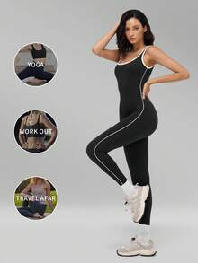 MFVIM Women's Sports Colorblock Tank Top Hollow Back Design Jumpsuit Showcasing Beautiful Shoulder Blades - Black - View 6