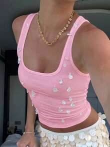 Top corto con escote en V y adornos de rhinestone para mujer, color rosa, de estilo casual para el verano - Rosa - Ver 3
