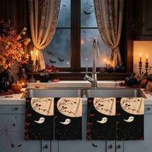 2/4/48pcs Halloween Series Moonlit Flower Field Little Ghost Pattern Printed Kitchen Towels - Ultra Soft, Highly Absorbent Polyester Tablecloths And Hand Towels, Perfect For Holiday Decor, Kitchen Decor, Party Decor. - Multicolor - View 3