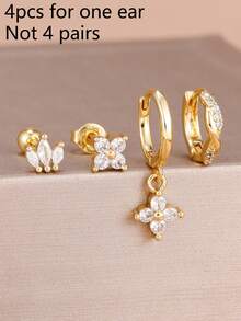 Juego de 4 piezas de pendientes de flor de acero inoxidable con circonita para mujer, aros geométricos chapados en oro de 18K, elegante regalo de joyería para compromiso y cumpleaños - 3Dorado-4 piezas - Ver 3