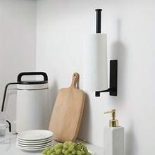 1 pieza Soporte autoadhesivo negro para toallas de papel debajo del gabinete - Estante de toallas montado en la pared sin taladro, adecuado para cocina, baño, RV - Puede sostener toallas de papel, envoltura de plástico y toallas, estante de toallas de baño, accesorios de baño, estilo de moda, material duradero - Multicolor - Ver 3