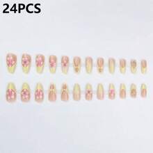 24片純黃色花朵手工假指甲，長款美甲貼片，適合女性與女孩日常配戴 - 黃色 - 查看 10