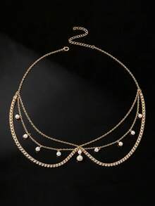 1pc Bohemian Style Rhinestone & Faux Pearl Hair Chain, Handmade Metal Chain Headpiece, Fairy Style Daily Wear Hair Accessory, Suitable For Dating, Bridal And Holiday Party - Silver - View 9