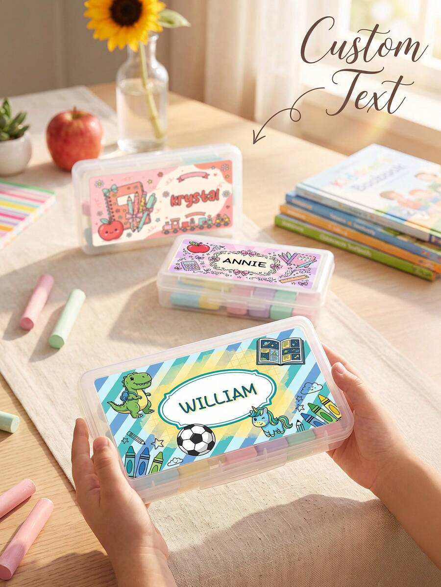 1 pieza Estuche para lápices con texto personalizado, caja de almacenamiento de papelería transparente, caja de lápices con patrón de dibujos animados personalizado, regalo de útiles escolares - Multicolor - Ver 1