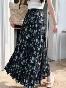 Falda larga tejida, estilo bohemio, silueta A-line, volante en el bajo, estampado para vacaciones - Negro - Ver 1