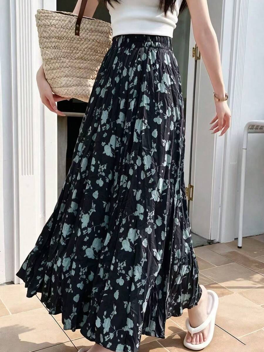 Falda larga tejida, estilo bohemio, silueta A-line, volante en el bajo, estampado para vacaciones - Negro - Ver 1