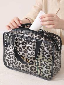 Large Capacity Fashionable Leopard Print Travel Toiletry Bag, Dual Handle Transparent Waterproof Makeup Storage Bag, Portable Women's Storage Bag, Bohemian Style, Suitable For Bathroom, Travel, Vacation, Gym, College Dorm, Weekend Outings And Daily Storage, Back To School Bag, Travel Bag, School Supplies, Gift - Black - View 5