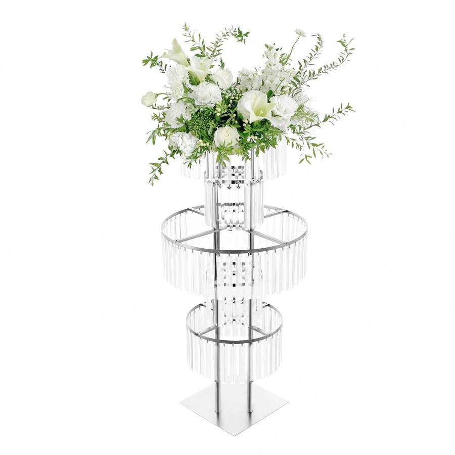 Silver 5-Tier Round Ice Curve Crystal Flower Stand, Multi-Layer Wedding Table Floral Display, Luxury Decorative Holder For Reception, Birthday Party & Home Decor - A - 查看 1