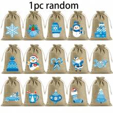1/10/15/30pcs Linen Drawstring Bags With Blue & White Christmas Patterns - Reusable Suitable For Gift Wrapping, Storage, Fireplace Hanging Decorations, Party Favors, New Year Gifts - Multi- For, Events, Gift Wrap Storage - Multicolor - View 8