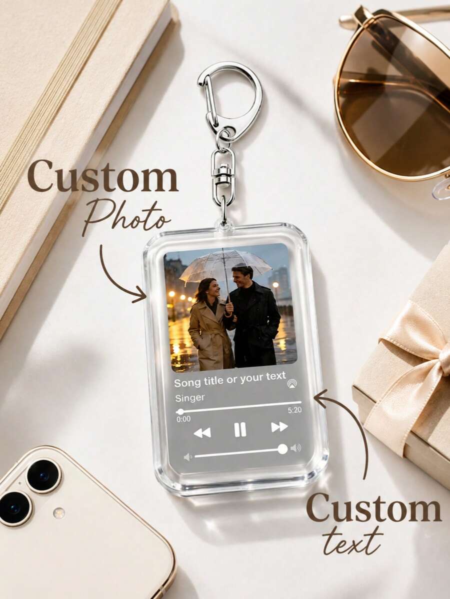 Personalized Photo Keychain, Custom Acrylic Key Ring, Music Player Style Keychain, Photo Memory Gift, Custom Text Key Holder, Couple Keepsake Gift - Multicolor - View 1