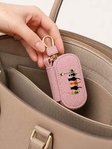 Vigour Summer 4 Cats Sitting Side By Side In A Black Cat Key Pouch, With Lychee Pattern PU Leather Zipper And Multi-Function Car Key Storage, Suitable For Men And Women Portable Coin Wallet Accessory - Multicolor - View 1