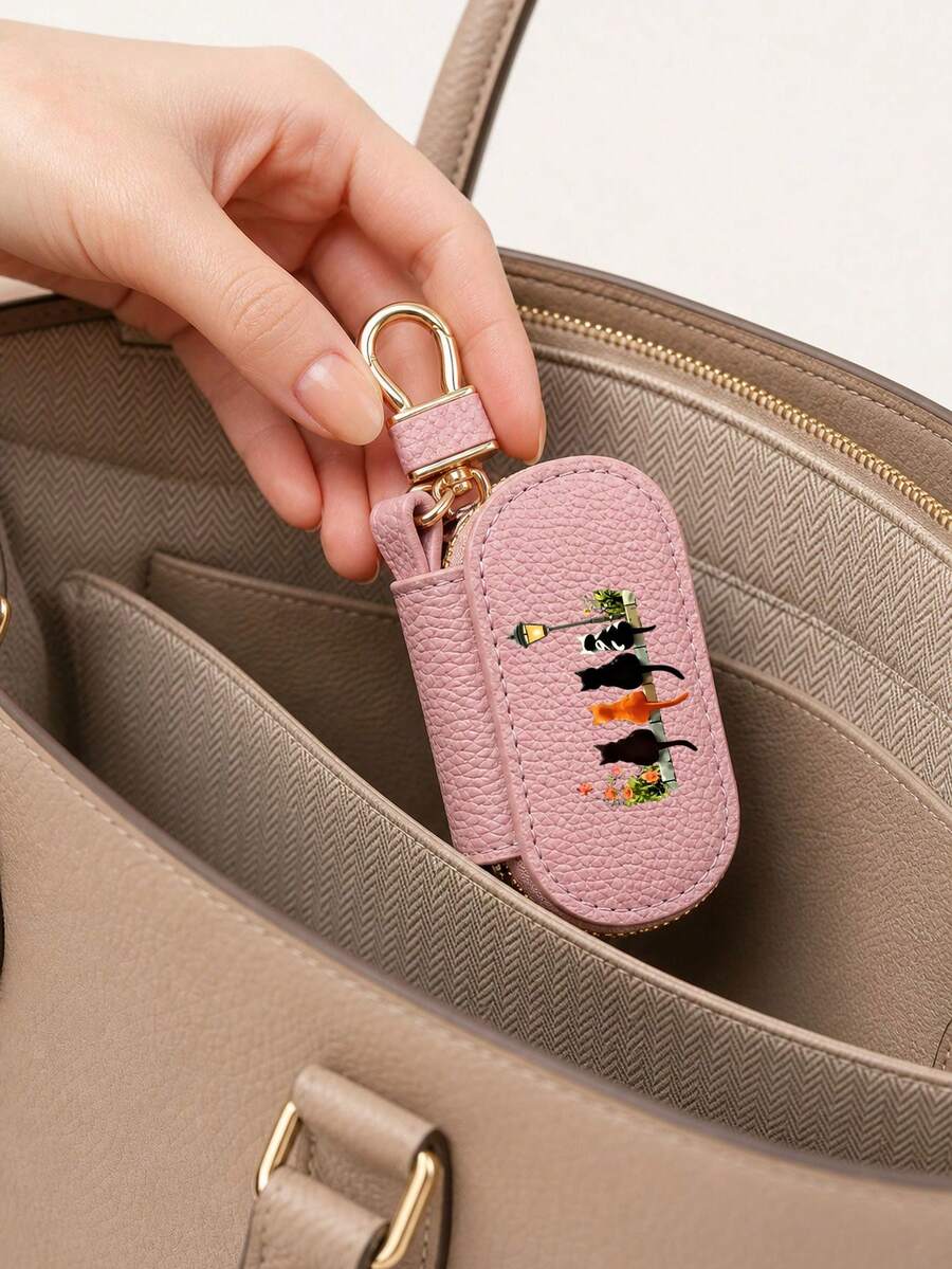 Vigour Summer 4 Cats Sitting Side By Side In A Black Cat Key Pouch, With Lychee Pattern PU Leather Zipper And Multi-Function Car Key Storage, Suitable For Men And Women Portable Coin Wallet Accessory - Multicolor - View 1