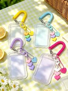 Transparent Wavy Card Holder With Portable Spring Rope Design, Heart Pendant Design, Durable Fashion Accessory, Suitable For Women, Cute And Practical Plastic Keychain, Campus Essential, Fashion Keychain, Cute Heart Pendant, Suitable For ID Card, Credit Card, Bus Card And Keys - Multicolor - View 4