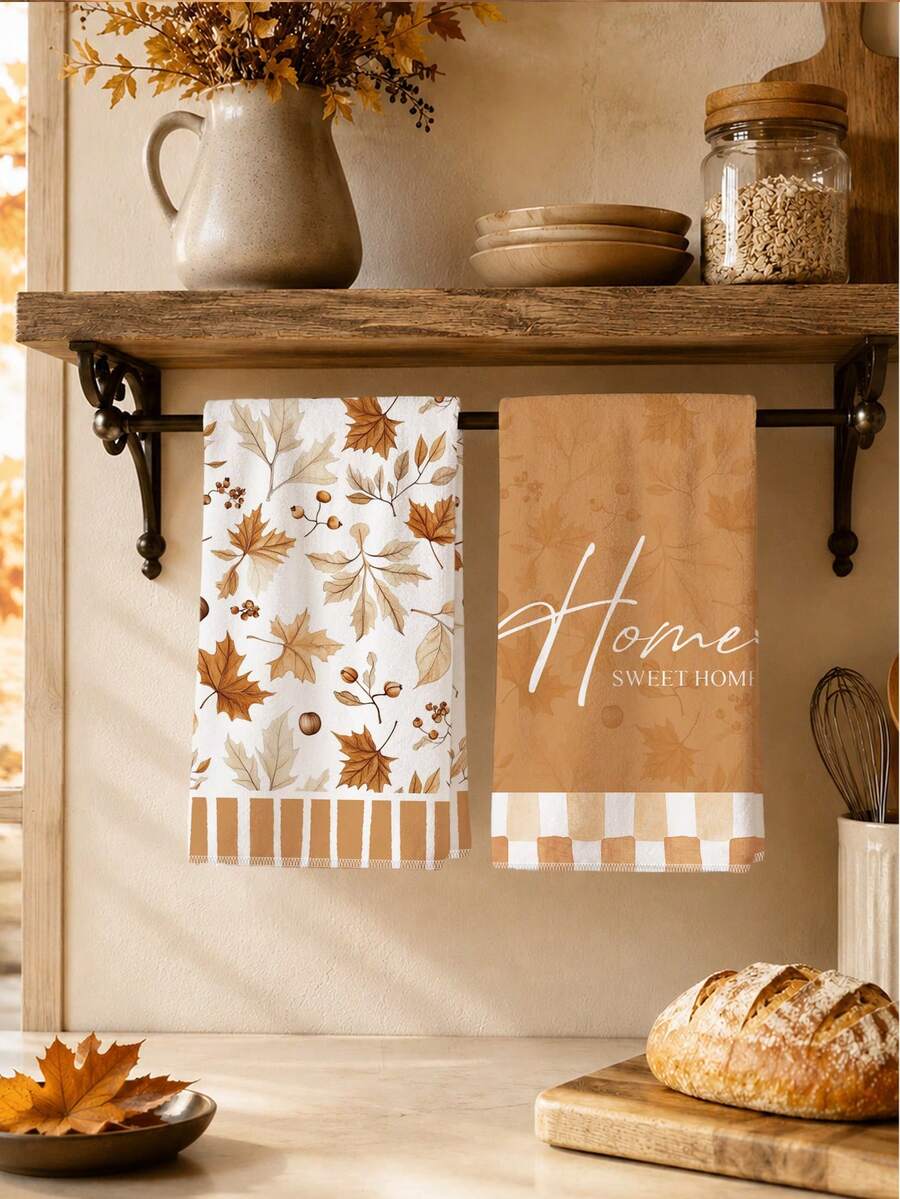 2pcs Minimalist Autumn Maple Leaf & Fruit Sweet Home Pattern Kitchen Towels, Soft Polyester Dish Cloths, Suitable For Kitchen Decor, Kitchen Cleaning, Holiday Party Decoration, Kitchen & Bathroom Supplies, Home Essentials, Home Decor, Housewarming Gift - Multicolor - View 1