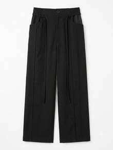 Women's Black Front Pleated Wide Leg Pants, Loose Long Casual Office Trousers For Autumn And Spring, Daily Wear And Commuting - Black - View 3