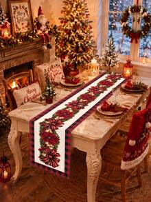 1pc Polyester Christmas Table Runner With Bow, Floral And Black & White Plaid Design, Christmas Tablecloth Table Cover, Christmas Party Dinner Table Decor, Home Christmas Decoration, Xmas Decor, Christmas Decor, Kitchen Decor, Dining Table Decor - Multicolor - View 8