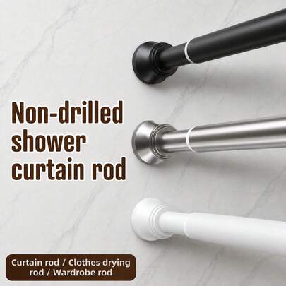 1pc Stainless Steel Tension Adjustable Shower Curtain Rod, Multi-Function Extendable Tension Rod For Bathroom Door, Closet, Window, Balcony, Hallway, Kitchen, Wardrobe, Cabinet, Partition, Can Hang Clothes, Storage, Decoration, No Drilling, Non-Slip, No Installation, Strong Load-Bearing, Bathroom Tension Rod, Home Bathroom Hardware Accessories, Color: White, Black, Silver, Gray