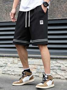 Men Waffle Knit Casual Shorts Textured Fabric Striped Hem Label Patch Elastic Drawstring Waist Loose Fit Summer Streetwear Athletic Workout Sports - Black - View 4