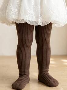 1 Pair Fine Vertical Striped Children's Tights, Versatile Minimalist Girls' Tights, Spring/Autumn Solid Color Double-Needle Girls' Tights - Coffee Brown - View 14