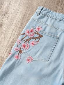 Teen Boy Fashion Brand Plum Blossom Embroidered Streetwear Denim Jeans - Light Wash - View 5